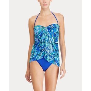 Lauren Ralph Lauren Women’s Size 10 Paisley Overlay One Piece Swim Suit Blue
